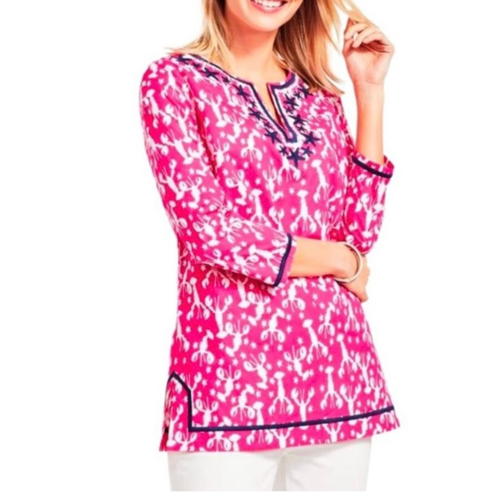 Talbots Rockstar Lobster Tunic Top Women’s Large Pink Embroidered Cotton Beachy